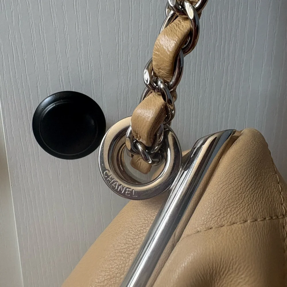 Authentic CHANEL Beige Quilted lambskin Shoulder Bag with Silver-Tone Hardware
